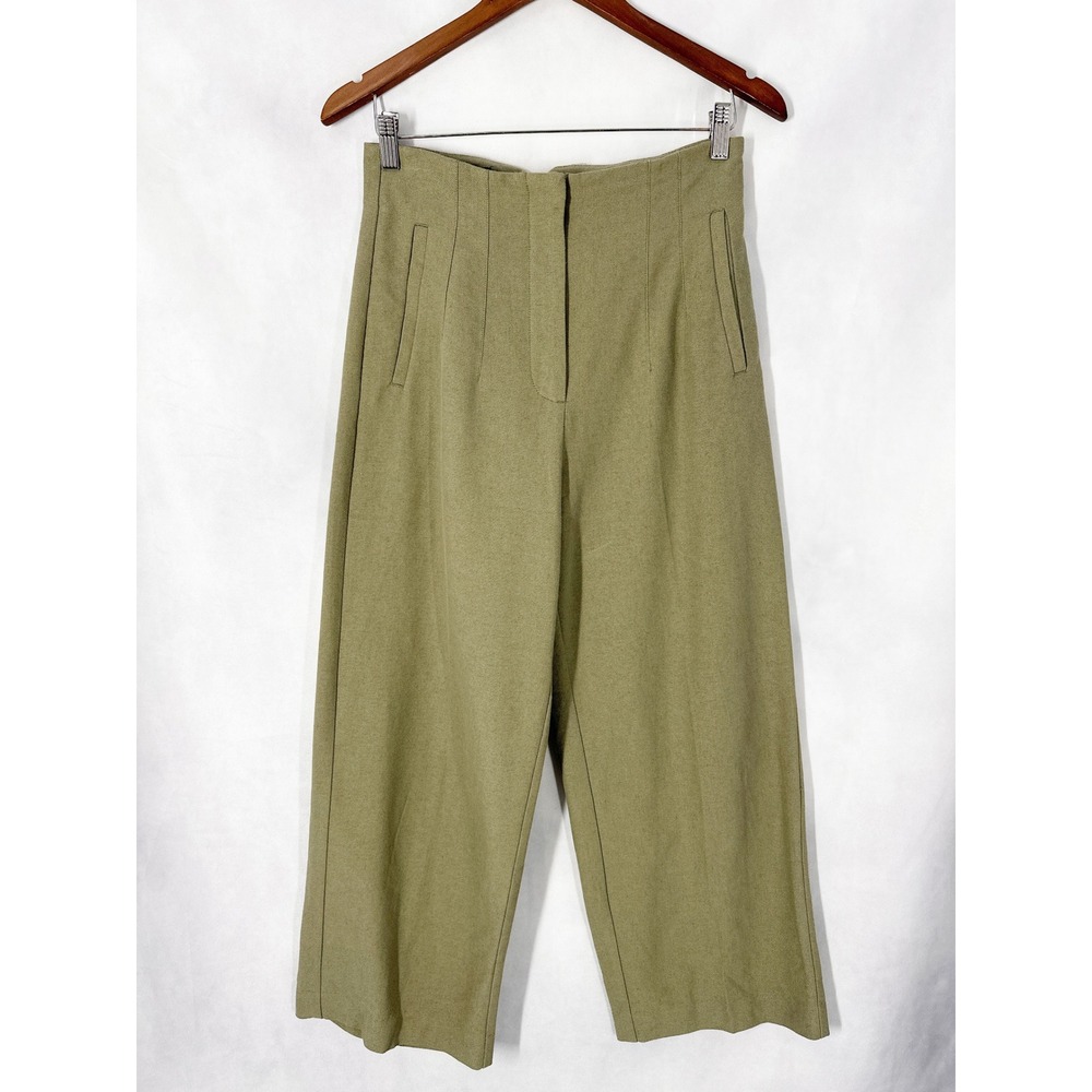 Zara Cotton Linen Olive Green Pleated Wide Leg Cropped Pants Women's Size Medium